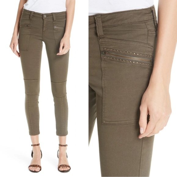 Joie • Hazina Studded Skinny Jeans pants ankle crop zipper Fatigue army green - Picture 3 of 13